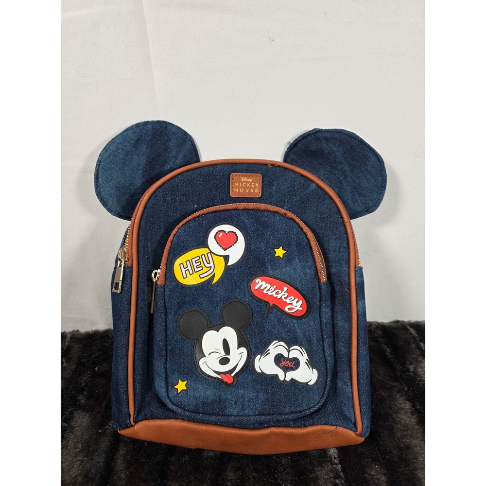 Disney Mickey Mouse Bioworld Denim Mini Backpack Blue Brown Ears Patches